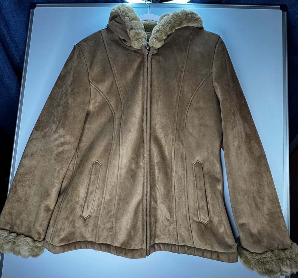 Braefair Faux Suede Hooded Jacket Size L Brown Faux Fur Lined Winter Coat